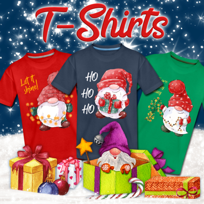 T-Shirts mit weihnachtlichen Wichtel-Motiven
