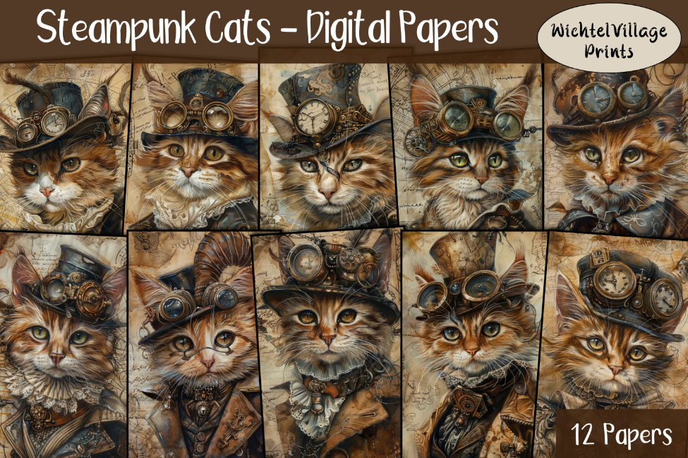 Steampunk Cats - Digital Papers