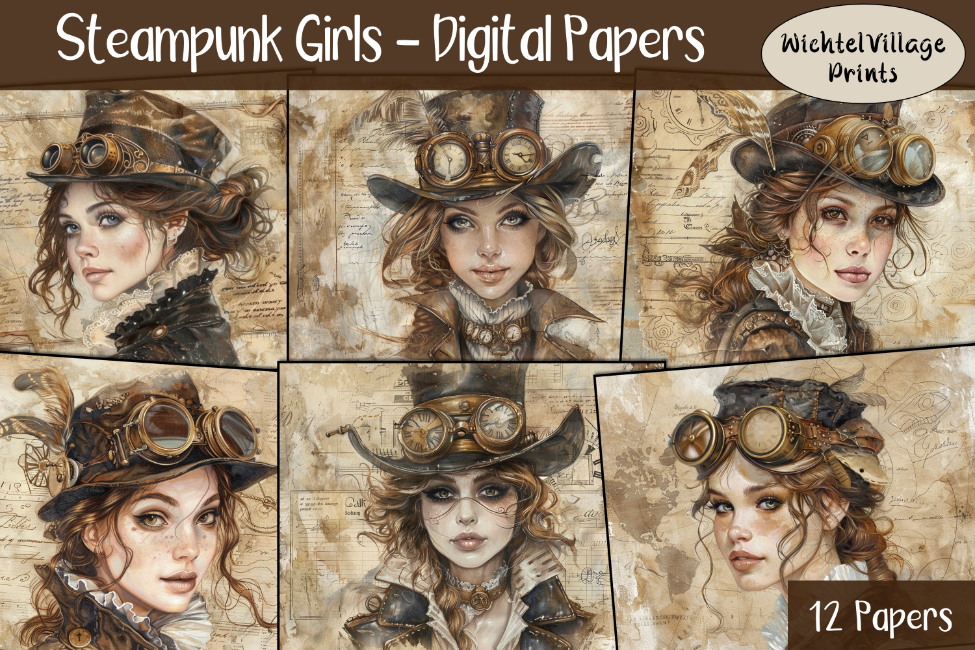 Steampunk Girls - Digital Papers - quer